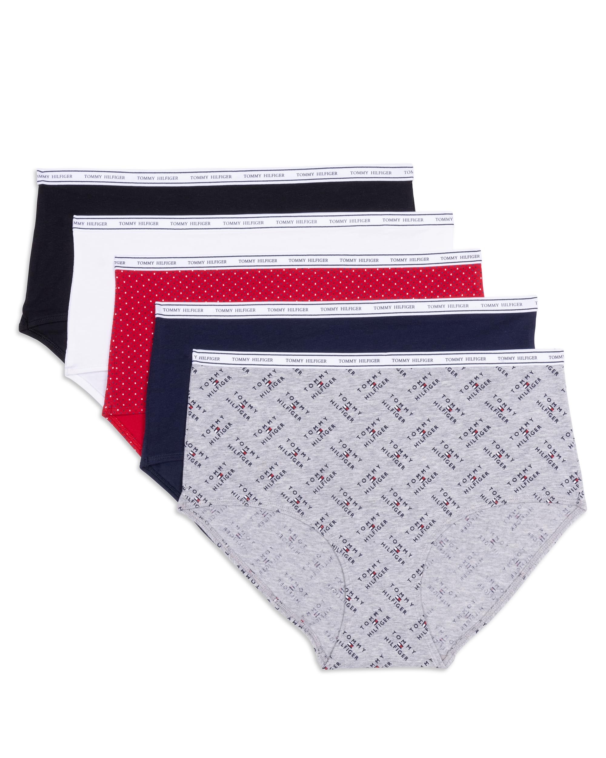 Tommy Hilfiger Womens Classic Cotton Brief Underwear with Logo Waistband 5-Pack, TH Flag Stack Heather Grey/Navy Blazer/Super Mini Dots Apple Red/Bright White/Black, Small