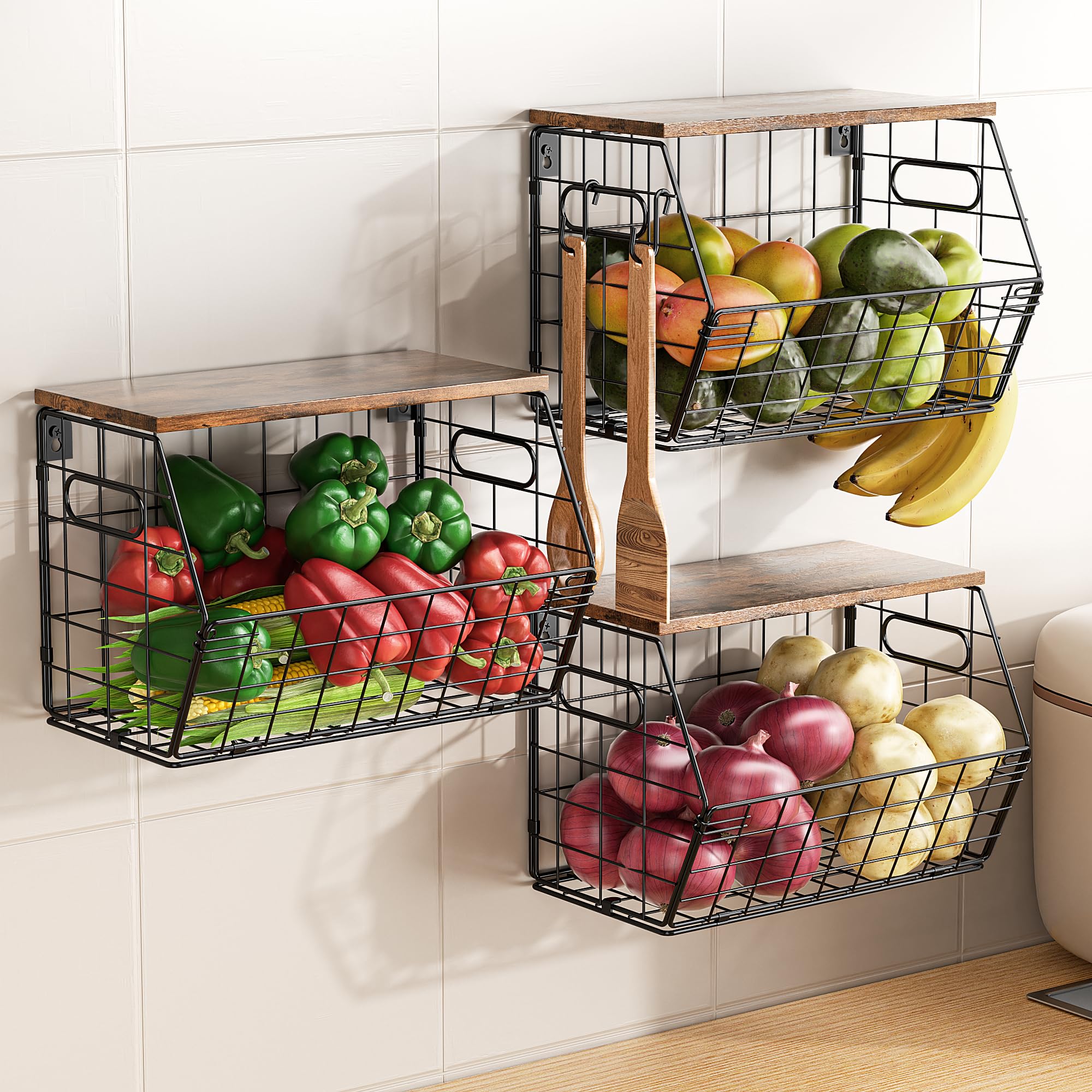 Photo 1 of Delamu 3 Pack Stackable Metal Fruit Basket with Wood Lid-Wall Mounted&Countertop Organizer for Kitchen,Pantry- Ventilated Storage for Onions,Potatoes,Fruits,Spices,Black