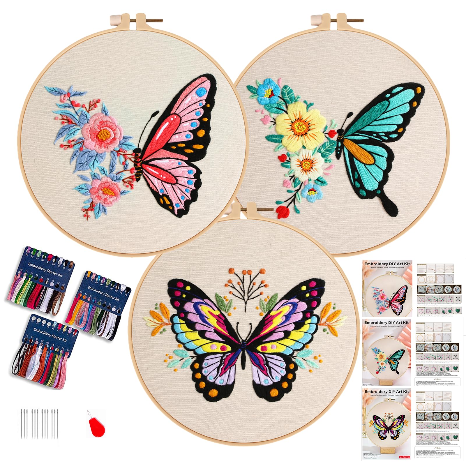 Smart-Feather 3 Pcs Butterfly Embroidery kit for Beginners, Hand Embroidery Kits for Adults with Hoop, DIY Art Project Craft Kit (Butterfly)