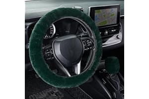 SEG Direct Furry Car Steering Wheel Cover with Gear Shift Cover, Soft and Warm, Cute Fluffy Auto Decor for Women Men, Standard Size, 2 PCS Set, Dark Green