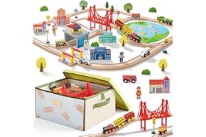 Tiny Land 110pcs Wooden Train Set with Folding Storage Box, Wooden Train Track Toy for Boys & Girls, Age 3-7, Includes Convenient Storage