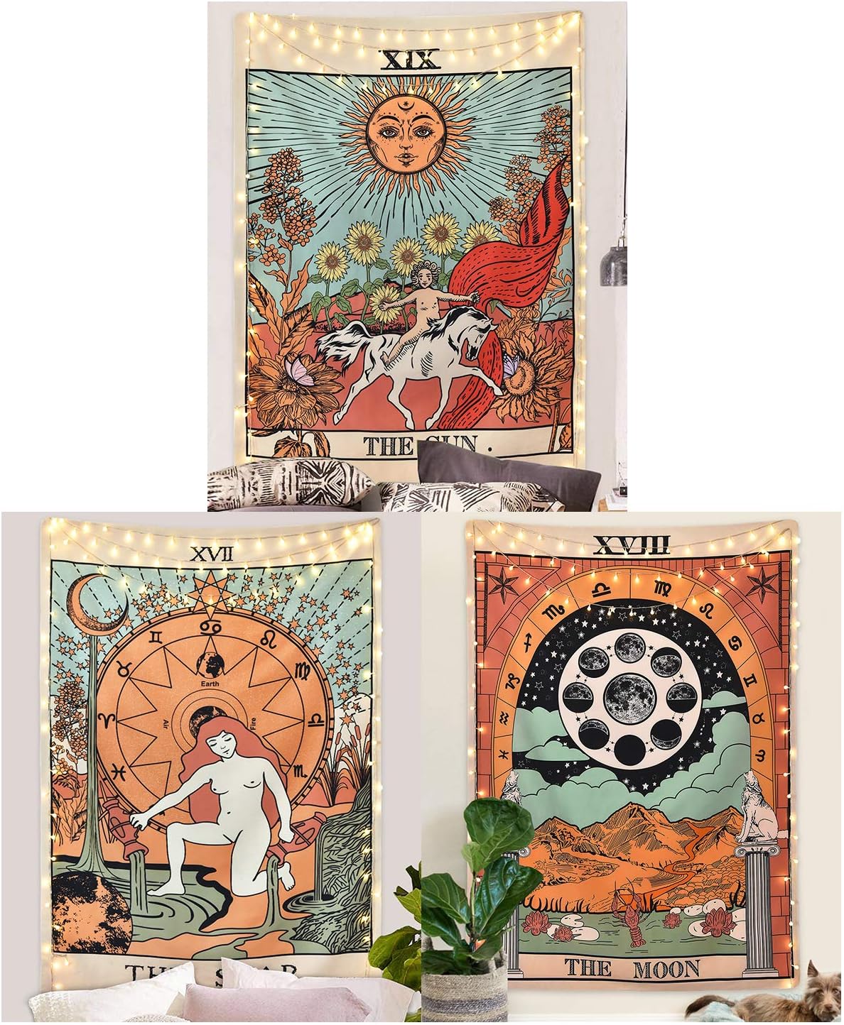 Likiyol 3 Pack Tarot Tapestry The Star Tapestry Medieval Europe Divination Tapestry Wall Hanging Mysterious Tapestries for Room