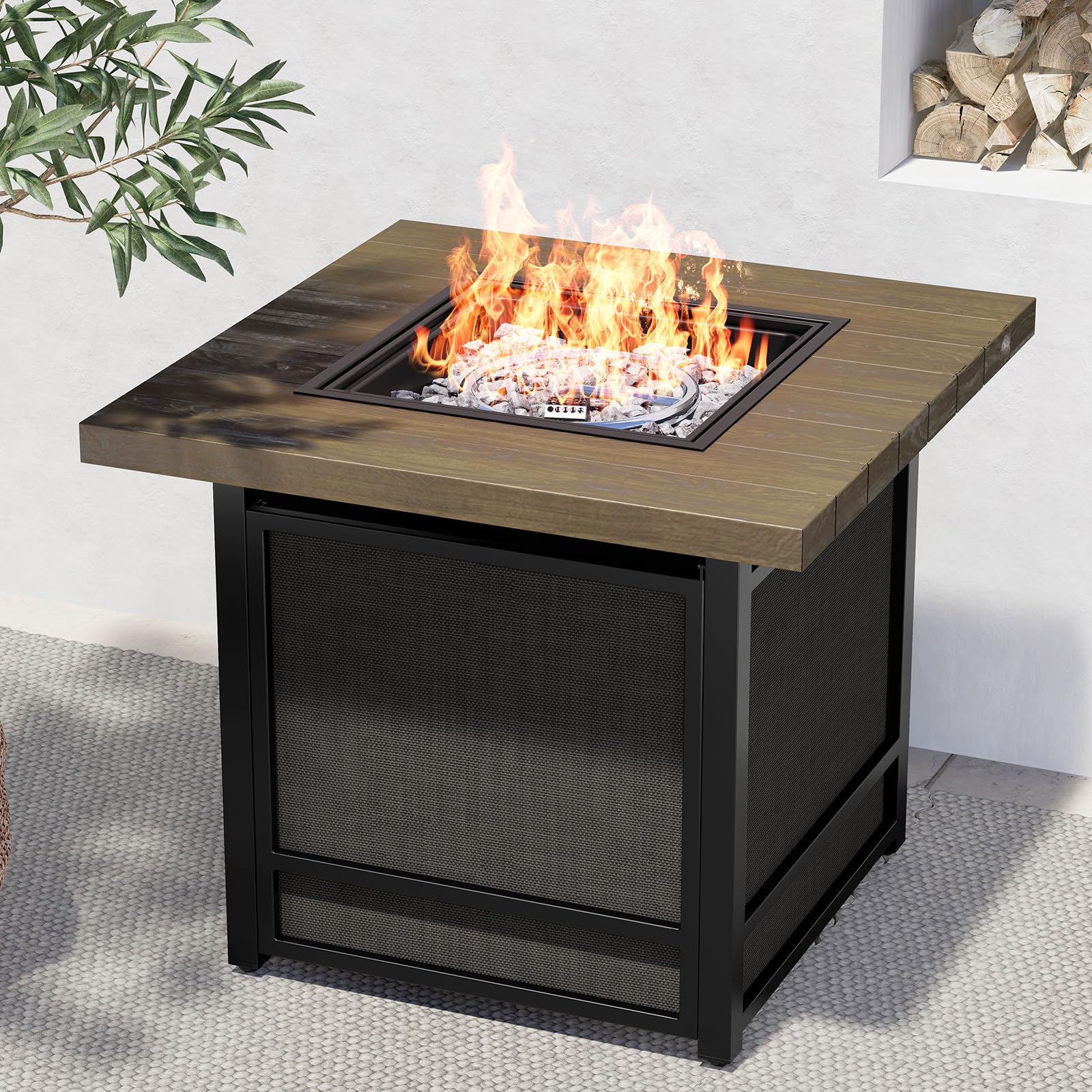 Grand Patio 29 Inch Propane Fire Pit, Outdoor Fire Pit Wood Grain Square Smokeless Firepit Table with Sling Base, Light Brown Tabletop/Square Image Grand Patio 29 Inch Propane Fire Pit, Outdoor Fire Pit Wood Grain Square Smokeless Firepit Table with Sling Base, Light Brown Tabletop/Square Image