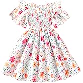 Little Girls Dress Ruffle Sleeve Floral Smocked Dresses Kids Casual Outfits Toddler Summer Tiered Boho Sundress 2-7T