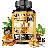 AlturaWise 5 in 1 Pure Maca Root Capsules for Men and Women | Maca Root Powder Capsules with Black + Red + Yellow Maca Root with ashwagandha, panax Ginseng Extract Supplement - 90 Vegan Pills