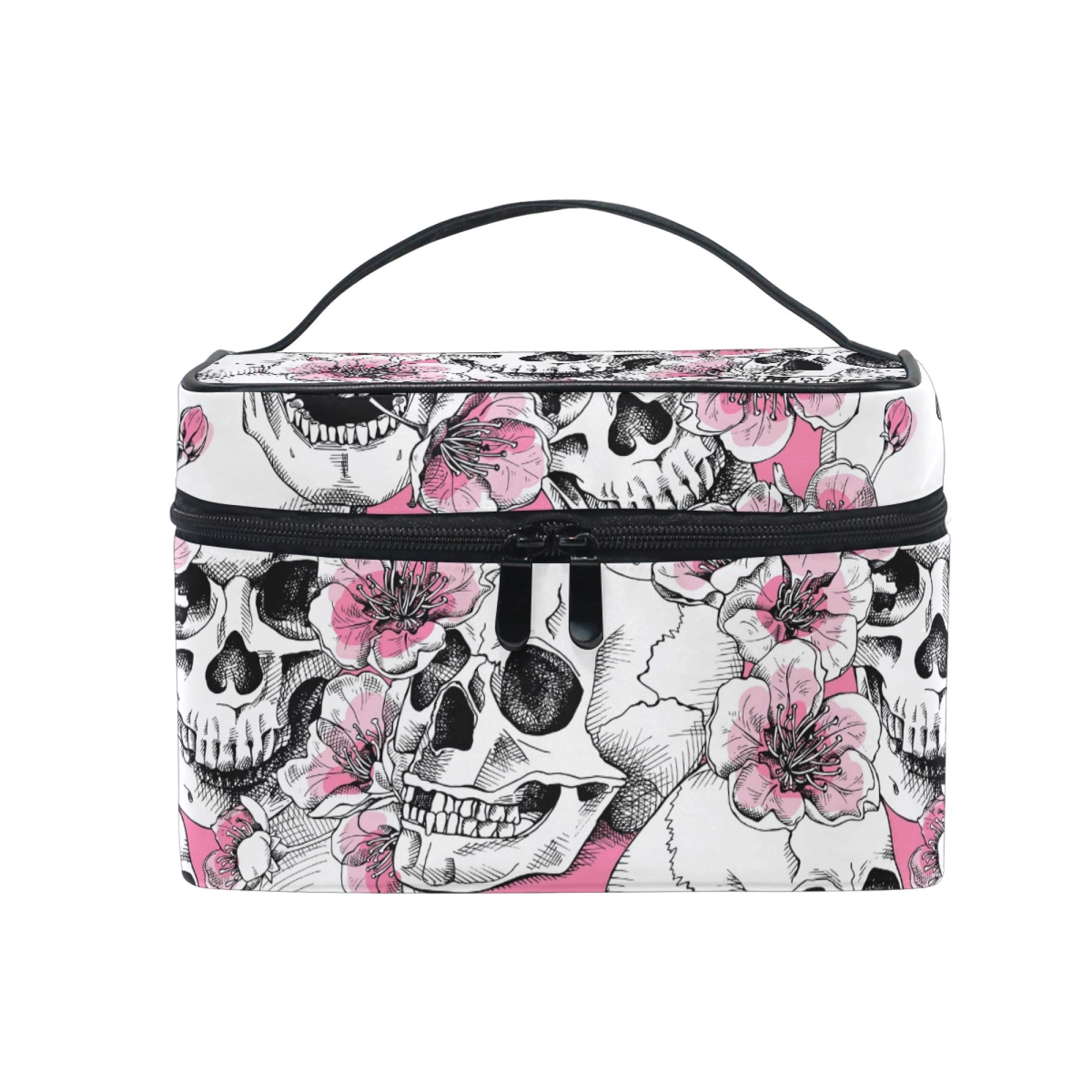 Skull Makeup Bag Pink Mexican Sugar Skull Floral Carrying Portable Zip Travel Cosmetic Brush Bag Large Travel Organizer Artist for Girls Women