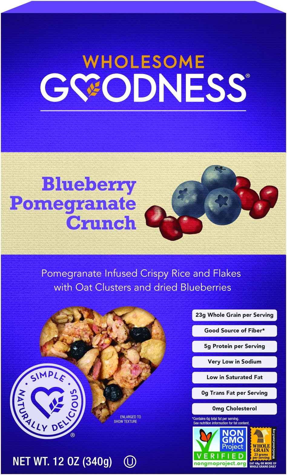 Wholesome Goodness Crunch Breakfast Cereal - Blueberry Pomegranate Crispy Rice and Flakes Cereal - Whole Grain Oat Clusters, Excellent Source of Protein - 12oz, Pack of 6