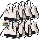 Sweetude 8 Pcs Canvas Tote Bag Shoulder Strap Black White Canvas Bag Zipper Opening Pockets Grocery Tote for Women Gift DIY