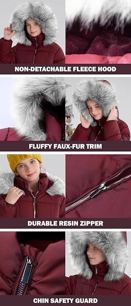 MAOO GARDEN GIRLS PUFFER WINTER COAT FAUX-DOWN HEAVYWEIGHT SNOW PARKA FUZZY FUR LINING HOOD WATER-RESISTANT LONG JACKET WINE 10Y
