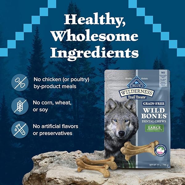 BLUE BUFFALO WILDERNESS WILD BONES GRAIN-FREE DENTAL CHEWS DOG TREATS, LARGE, 27-OZ BAG