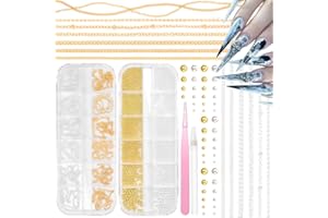 TATIWOO 2 Boxes Nail Chain Charms and Round Beads for Nail Art, Gold Silver Line Nails Art Chains Mixed Sizes Round Caviar Steel Ball Nails Accessories for Acrylic Nails Tips Manicure Decor