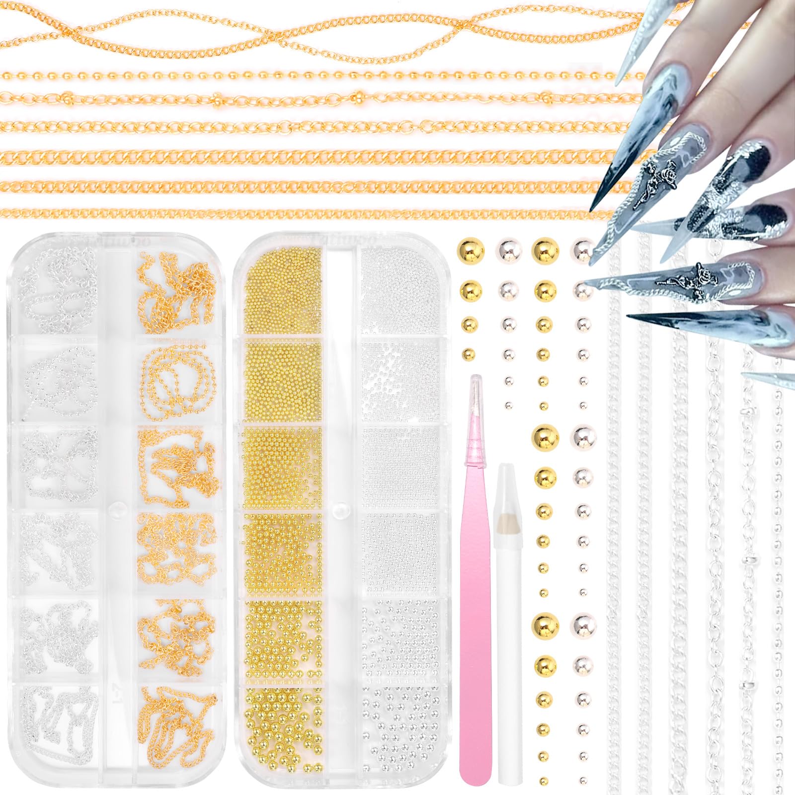 Photo 1 of 2 Boxes Nail Chain Charms and Round Beads for Nail Art, Gold Silver Line Nails Art Chains Mixed Sizes Round Caviar Steel Ball Nails Accessories for Acrylic Nails Tips Manicure Decor