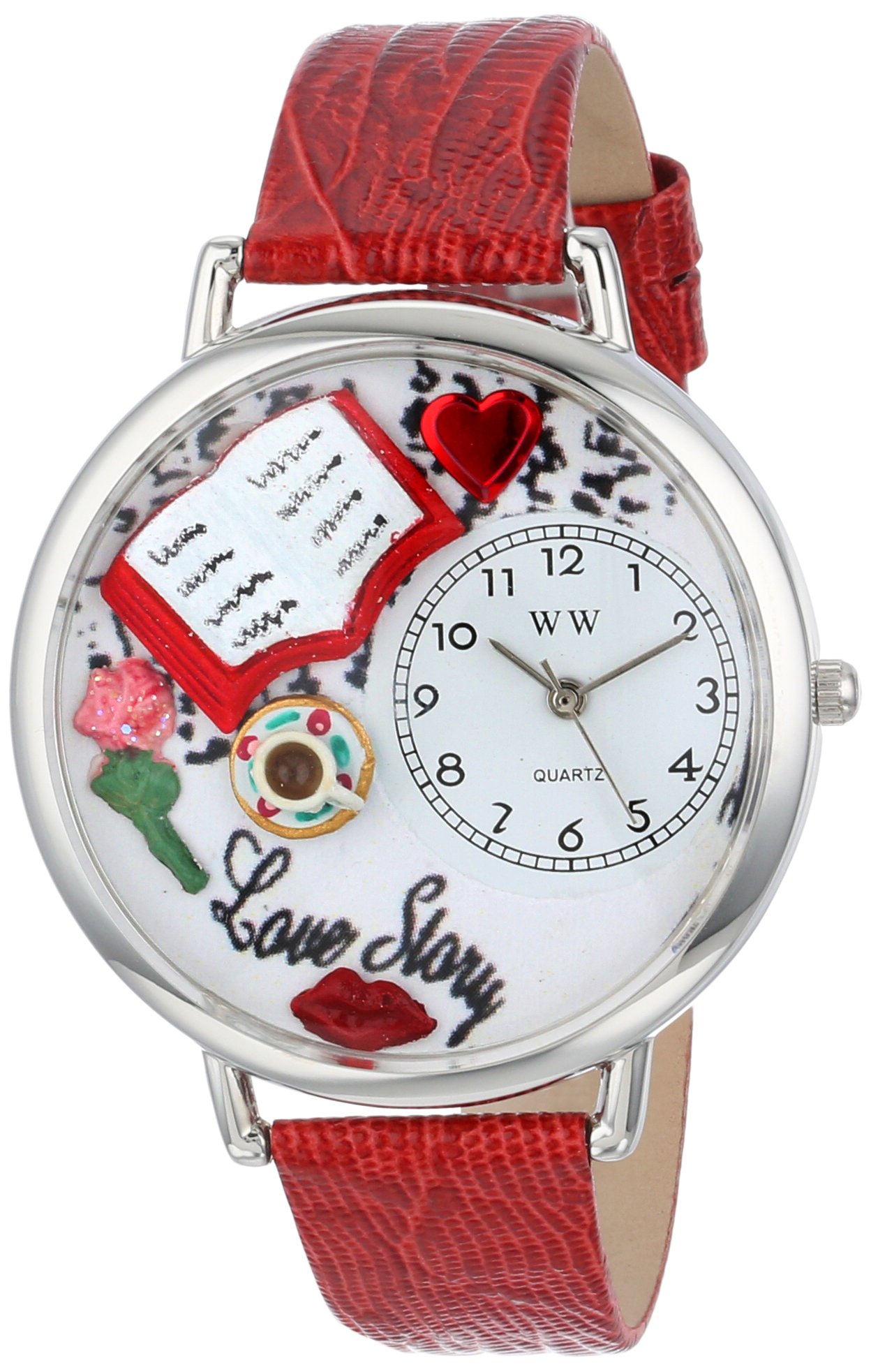 Whimsical Watches Love Story Red Leather and Silvertone Unisex Quartz Watch with White Dial Analogue Display and Multicolour Leather Strap U-0460003