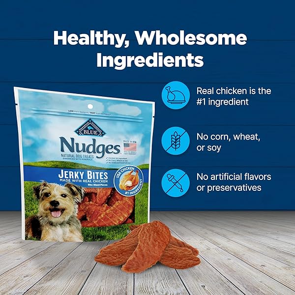 BLUE BUFFALO NUDGES JERKY BITES DOG TREATS, MADE IN THE USA WITH NATURAL INGREDIENTS, BITE-SIZED PIECES, CHICKEN, 5-OZ BAG