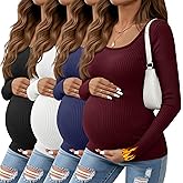 Oakgarden 4 Pack Womens Maternity Thermal Shirts Fleece Lined Slim Fit Ribbed Knit Pregnancy Top Scoop Neck Long Sleeve Shirt