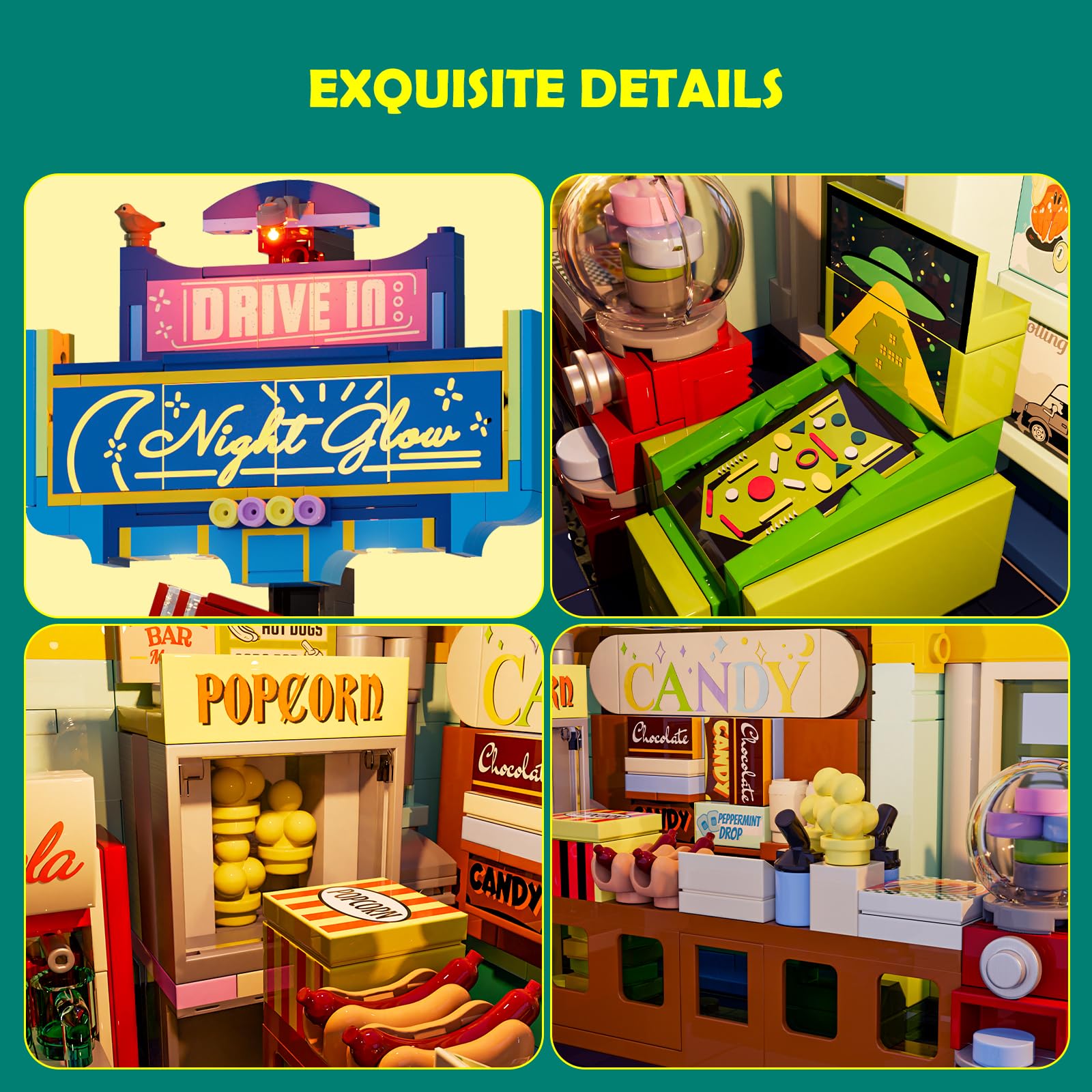 Lumibricks City Drive-in Theater Baustein-Set mit LED-Beleuchtung – 1760 Teile Retro-Auto-Kino-Modell mit Leinwand, Werbetafel & 2 Vintage-Fahrzeugen, Geschenk für Erwachsene, Jugendliche & Sammler 4