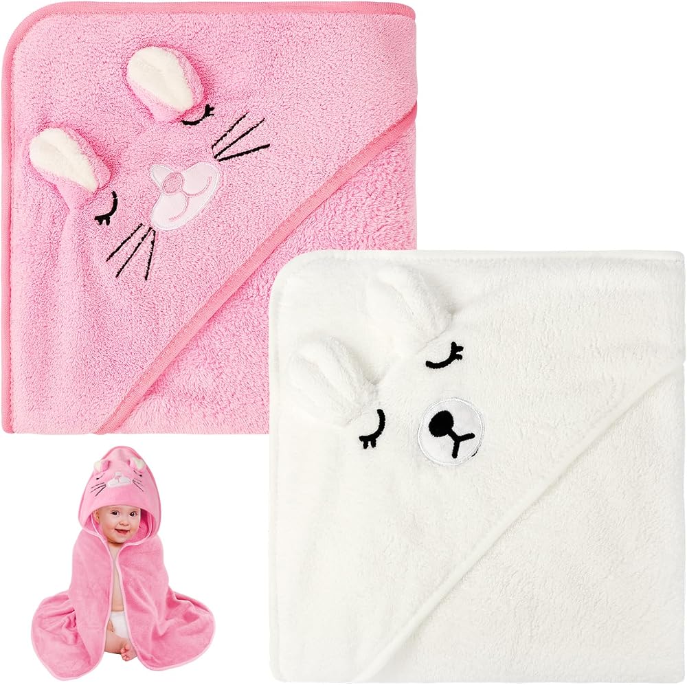 Aolso Hooded Baby Towel 80x80cm 2 PCS White Pink Absorbent Coral Fleece