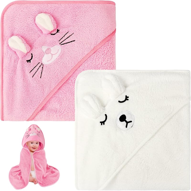 Aolso Hooded Baby Towel 80x80cm 2 PCS White Pink Absorbent Coral Fleece
