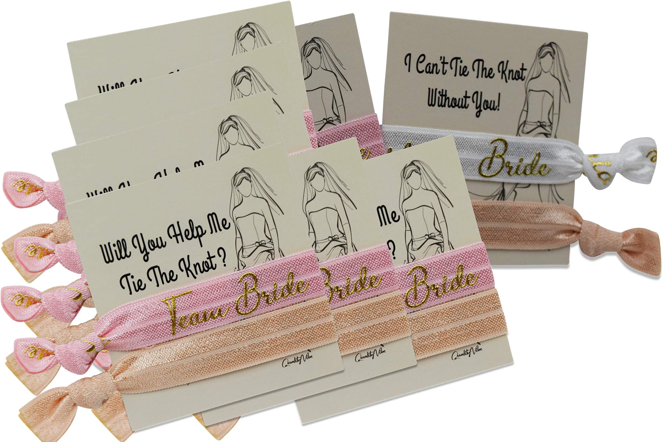 Team Bride Hair Ties for Bridesmaids & Dual Side Proposal Cards to Ask Bridesmaids, Matron & Maid of Honors or Flower Girl | Kit has 7 'Team Bride' & 1 'Bride' with Gold Foil Letters (Rose Pink/Nude)