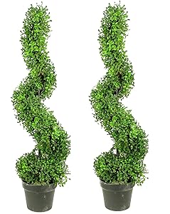 Admired by Nature 2 x 3' Aritificial Boxwood Leave Spiral Topiary Plant Tree in Plastic Pot, Green/Two-Tone