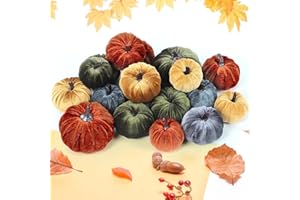 Lonfliness 18Pcs Fall Velvet Pumpkin Harvest Decoration Assorted Faux Rust Orange Green Small Fabric Foam Pumpkin for Autumn Thanksgiving Farmhouse Table Centerpiece Halloween Mantel Party Favor