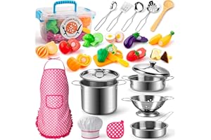 Tigerhu 26PCS Play Kitchen Accessories, Kitchen Pretend Play Cooking Toys w/ Stainless Steel Cookware, Apron & Chef Hat,Pots and Pans Set, Cutting Foods, Great Learning Gifts for Toddler & Boys Girls