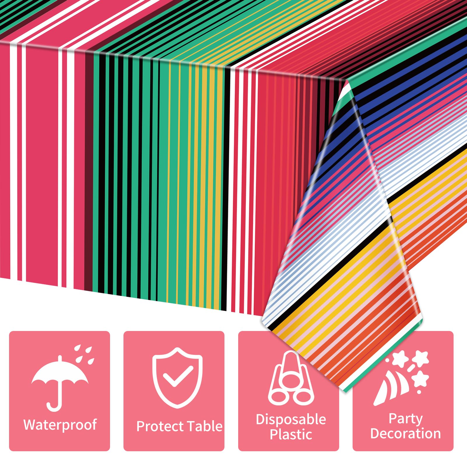 Hxezoc 3 Pack Disposable Plastic Mexican Serape Tablecloths, 54 x 108 Inch Mexican Striped Party Table Cover for Mexican Wedding Birthday Party Decorations Outdoor Indoor Party Supplies