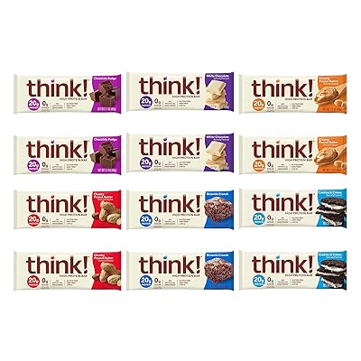 thinkThin High Protein Bars - Variety Sampler Pack, 6 Flavors, 20g Protein, 0g Sugar, No Artificial Sweeteners, Gluten Free, GMO Free, 2.1 oz bar (12 Count)