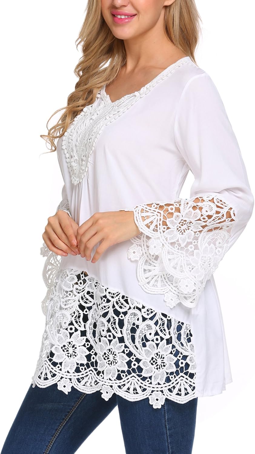 SoTeer Womens Casual V Neck Loose Top Flare Sleeve Lace Splice Blouse Shirt Tops S-XXL: Clothing