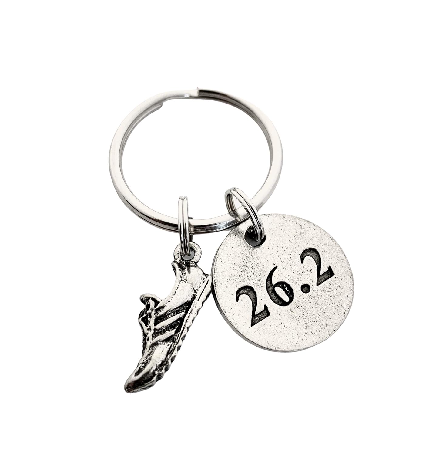 RUN 26.2 Marathon Pewter Pendant Key Chain Pewter Running Shoe Charm and Round