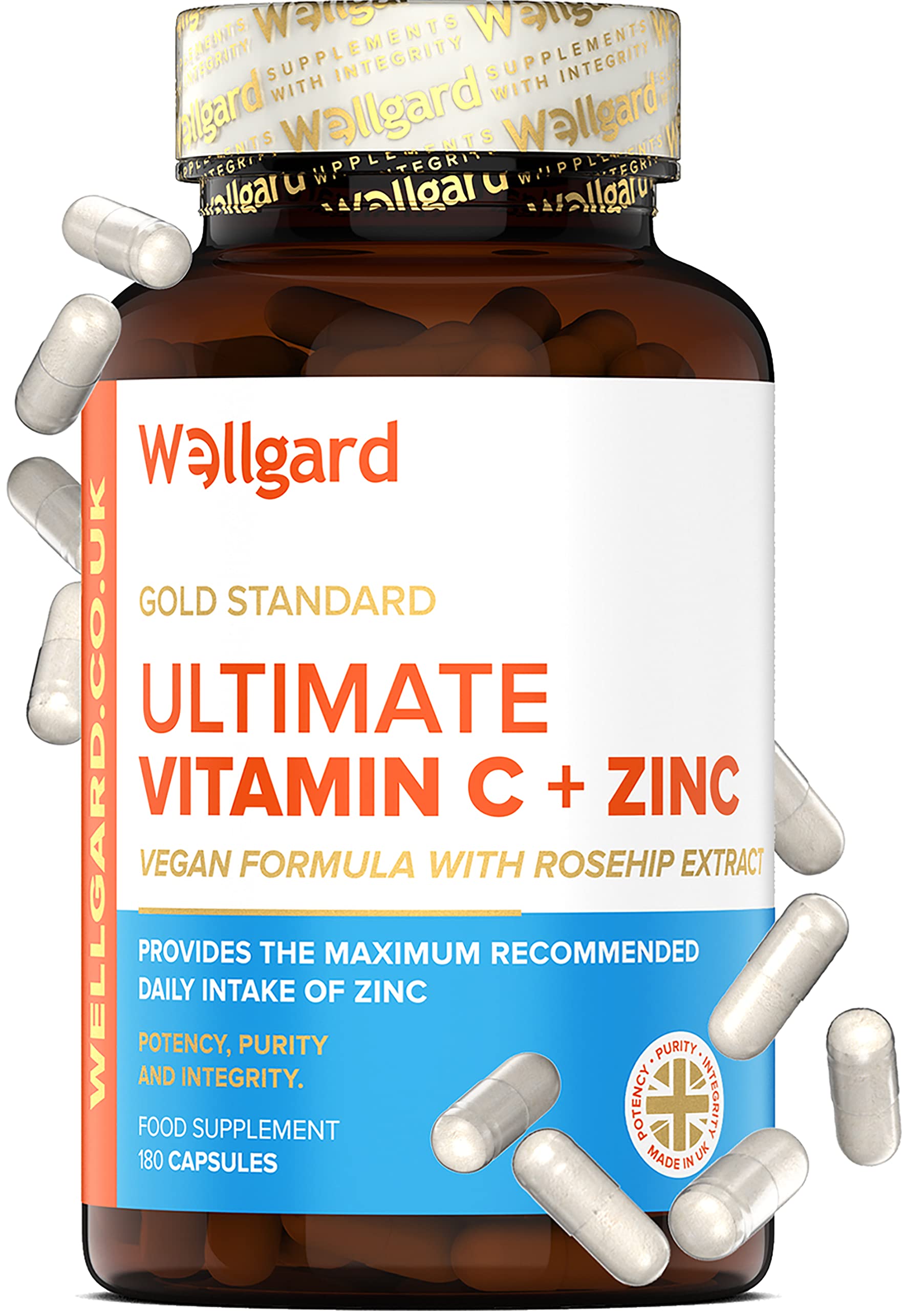 Vegan Vitamin C And Zinc by Wellgard - Maximum Recommended Daily Intake of Zinc, Made In UK