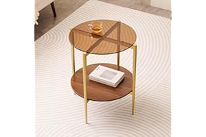 LumFurn Round Glass End Table, Mid-Century Modern Design Side Table for Living Room, D18 x H23 inch, 2-Tier Structure, Amber 