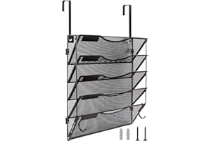 BOHDK Wall File Organizer 5 Pockets, Mail Organizer, Hanging Folder Holder, Foldable | Hanging or Wall Mounted | Label Panel | 2 Hooks | Office Home School Organizer, Black