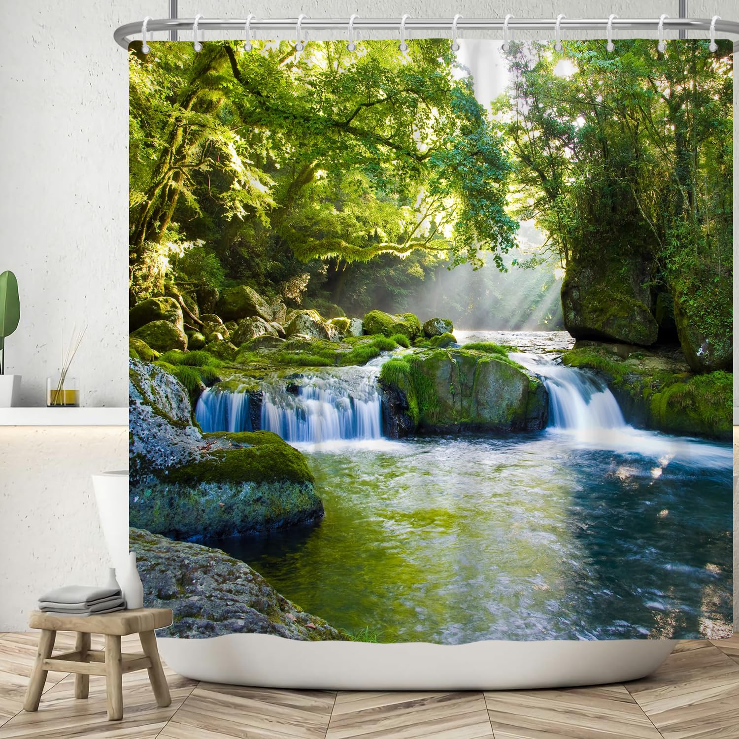 ASDCXZ Scenic Shower Curtain 180x200 cm, Graceful Natural Landscape Green Jungle Mountain Stream Bath Washable Shower Curtains Polyester Textile Waterproof Bath Curtain for Bathtub with 12 Hooks