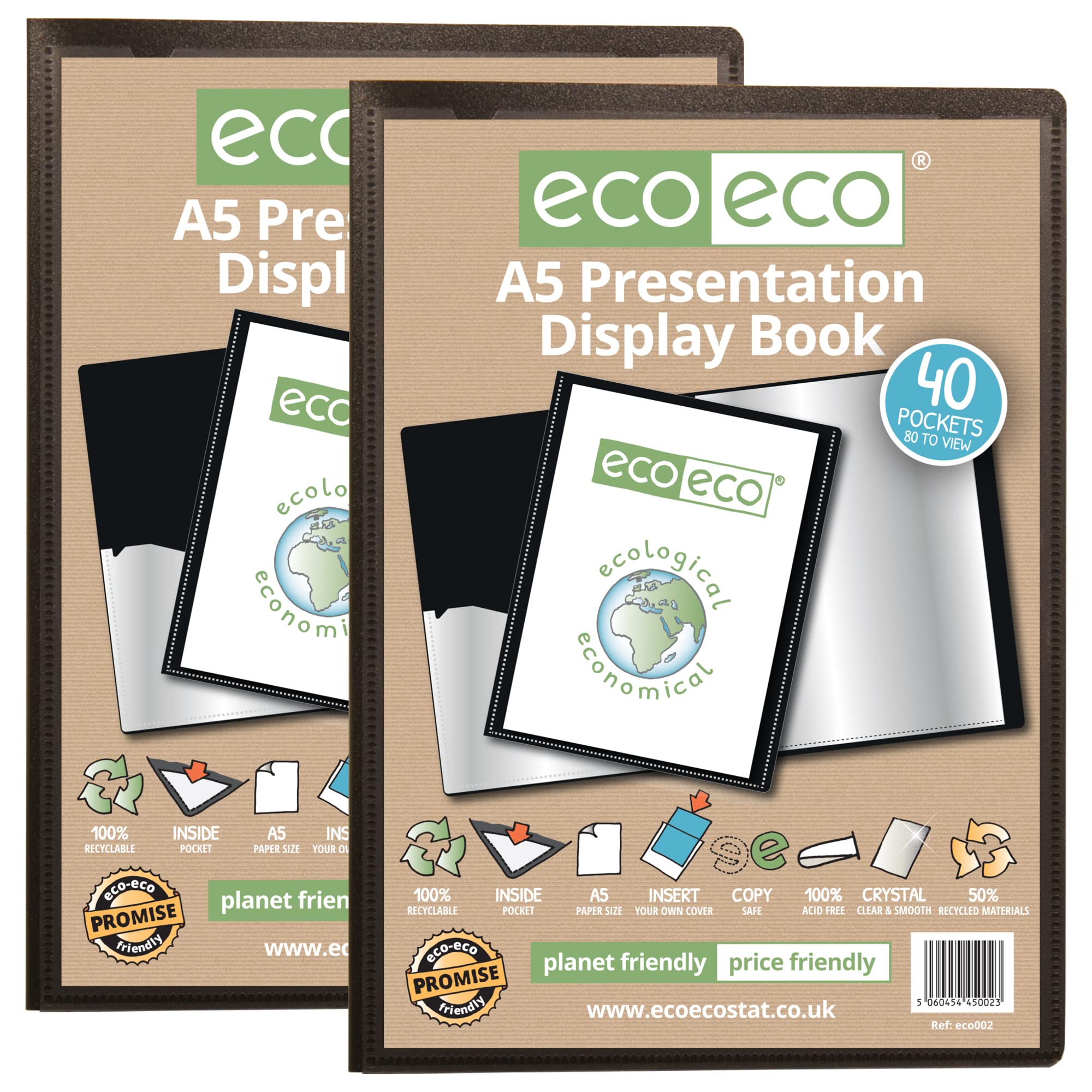 eco-eco A5 Size 50% Recycled 40 Pocket Black Presentation Display Book, Storage Case Portfolio Art Folder with Plastic Sleeves, eco002x2, (Pack of 2 Books)
