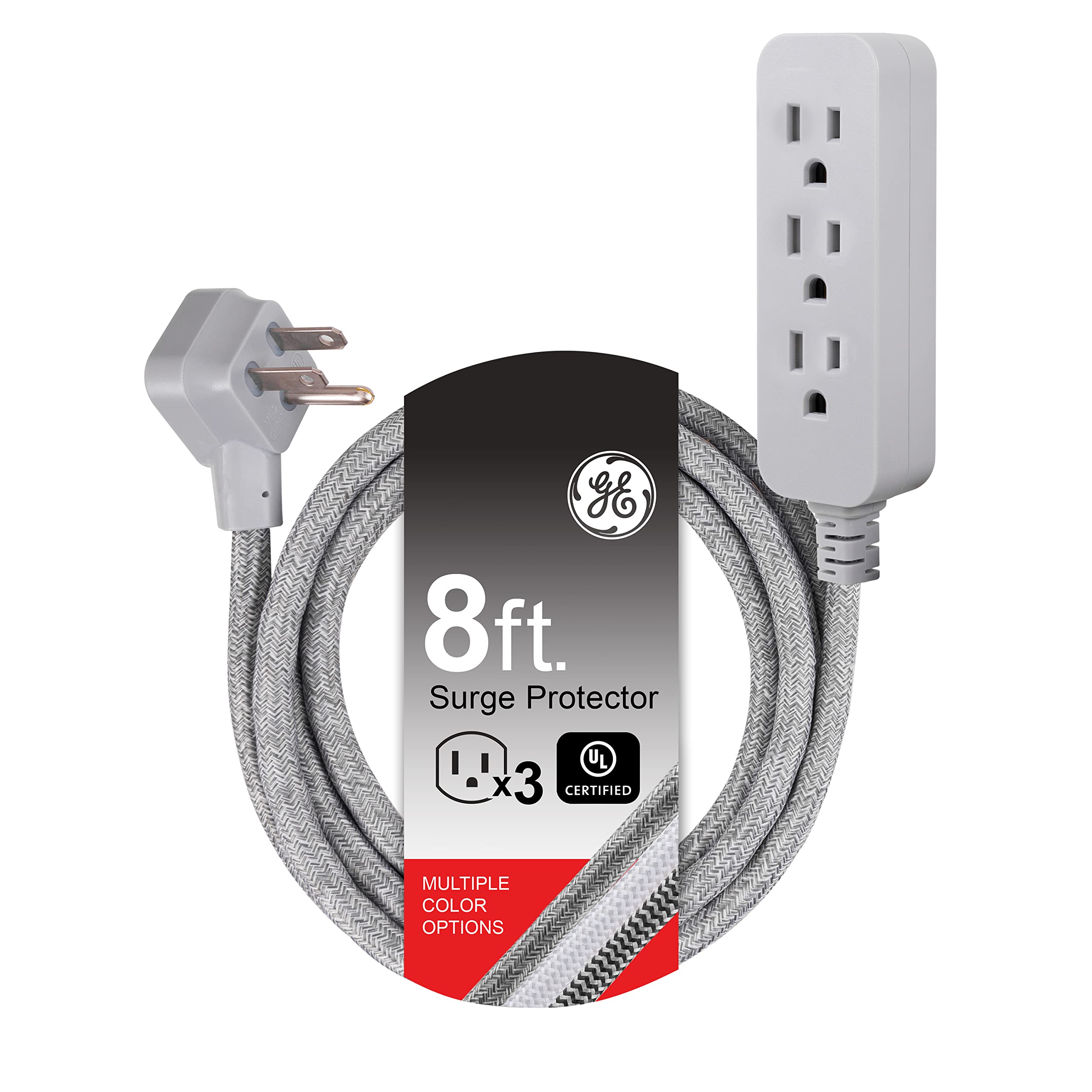GE 3-Outlet Power Strip Surge Protector 8 Ft Braided Long Cord Extension Cord Surge Protector Power Strip Flat Plug Extension Cord 245 Joules ETL Listed Gray 45916