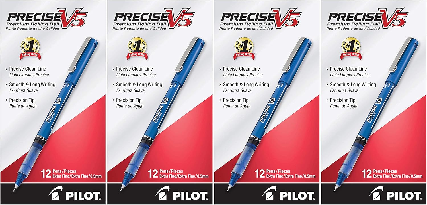 PILOT Precise V5 Stick Liquid Ink Rolling Ball Stick Pens, Extra Fine Point (0.5mm) Blue Ink, 12-Pack (35335) : Liquid Ink Rollerball Pens : Office Products