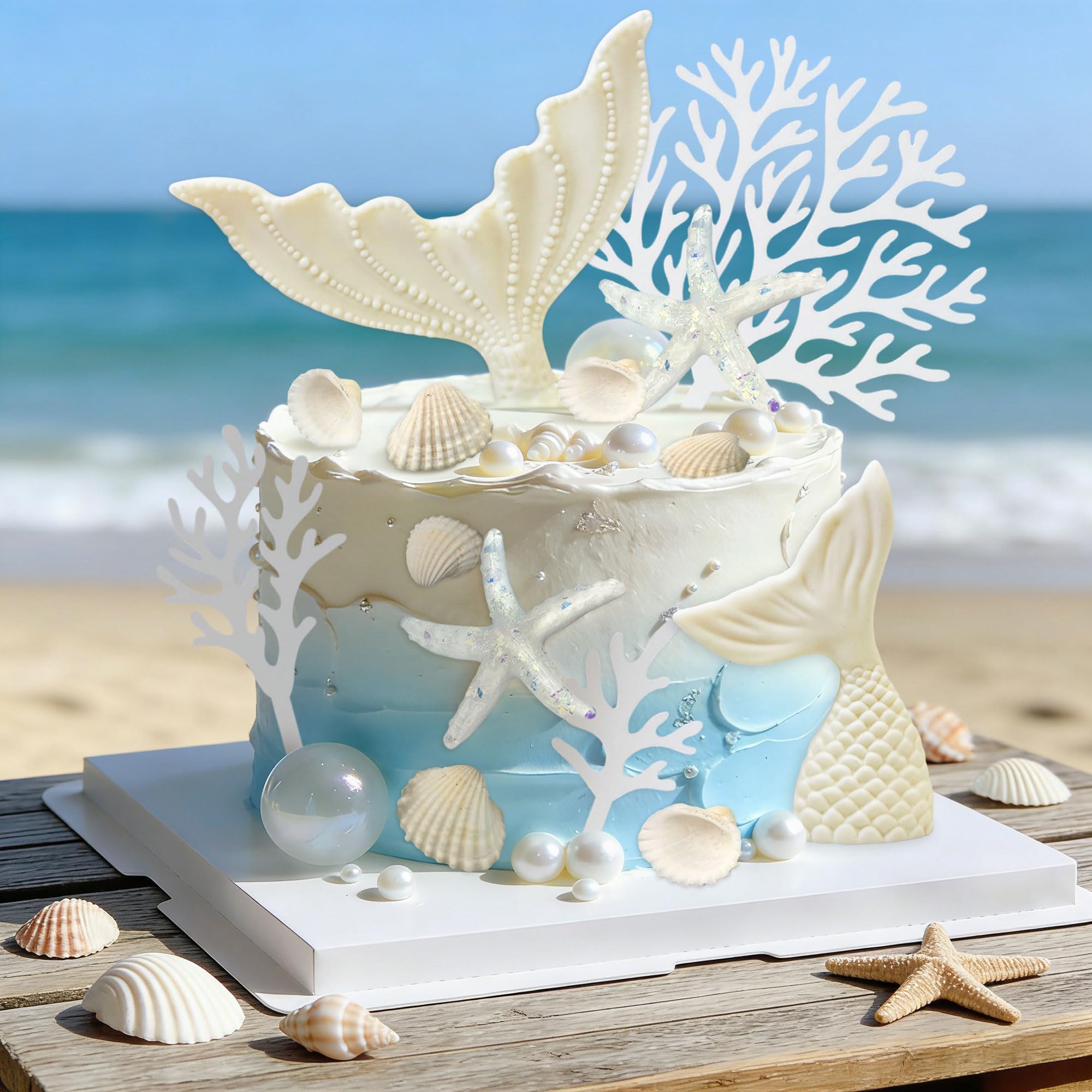 Mermaid Tail Cake Decorations Starfish Shells Coral Decor Under the Sea Ocean Birthday Cake Decorations for Ocean Sea Theme Birthday Party Bridal Shower