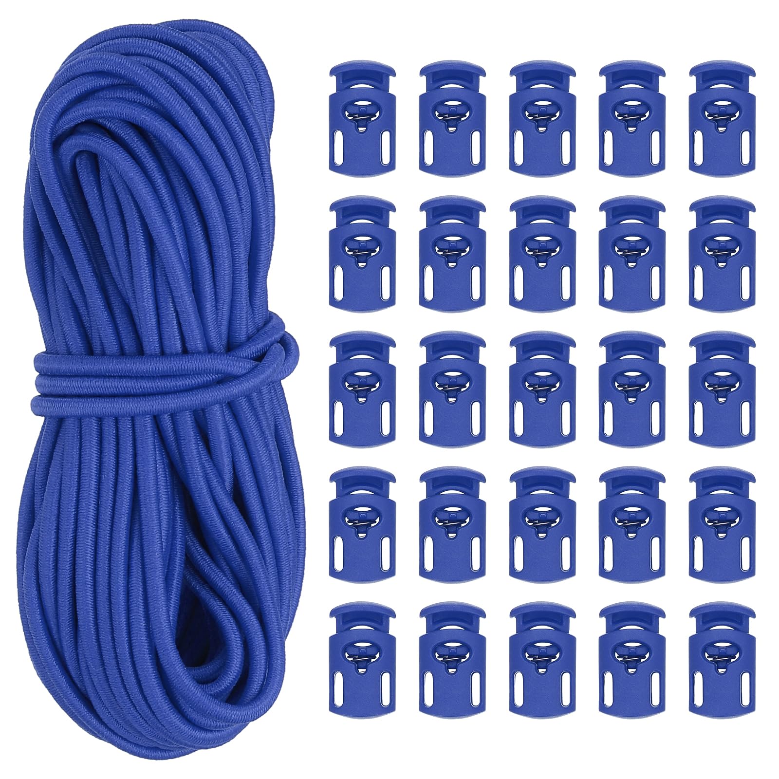 PATIKIL 10 Yard Elastic Bungee Cord & Single Hole Cord Lock, 25 Pack Plastic Oval Spring Toggle Stopper for Paracord Drawstring Shoelace Clothing Backpack Bags, Navy Blue