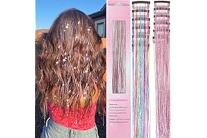 Hair Tinsel 12 Pcs Clip in Hair Tinsel Kit for Girls 22 Inch Glitter Fairy Tinsel Hair Extensions Colorful Heat Resistant Party Festival Accessories for Women Kids (pink/multicolor-12 Pcs)