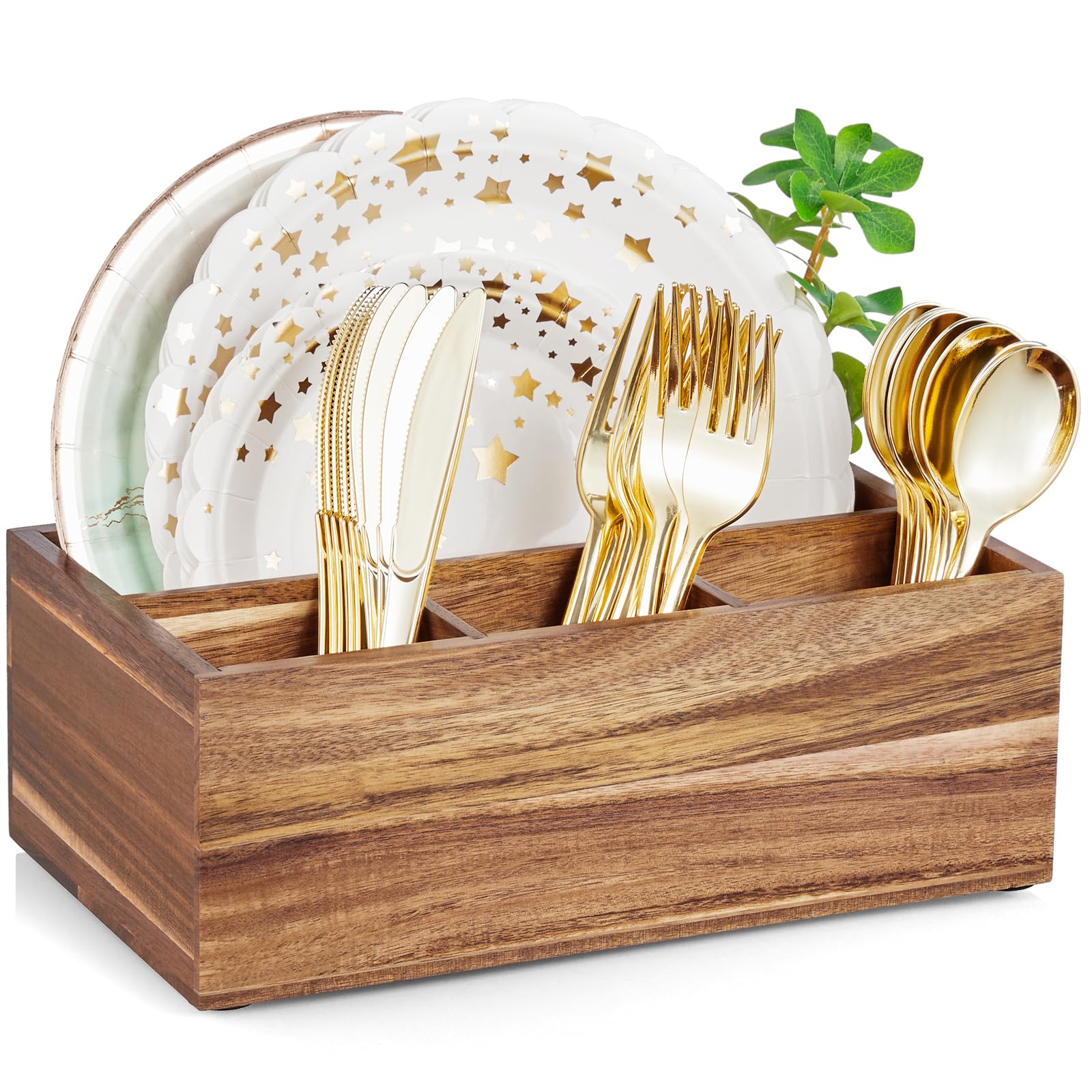 Photo 1 of DRASTAR Paper Plate Dispenser, Acacia Utensil Caddy Organizer, Large Silverware Holder for Party, Paper Plate Organizer, Kitchen Utensil Caddy for Party Picnic Camping