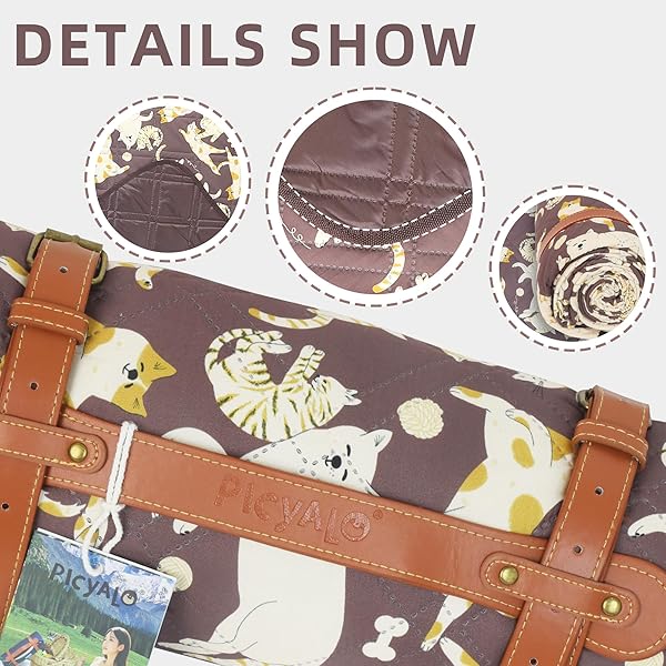 PICYALO 60X80” DOUBLE THICKENED PICNIC BLANKETS(150G HIGH DENSITY COTTON STUFFED) CAT&DOG PATTERN OUTDOOR PICNIC MAT PORTABLE PICNIC BLANKET FOLDABLE WITH LEATHER CARRY STRAP BEACH BLANKET