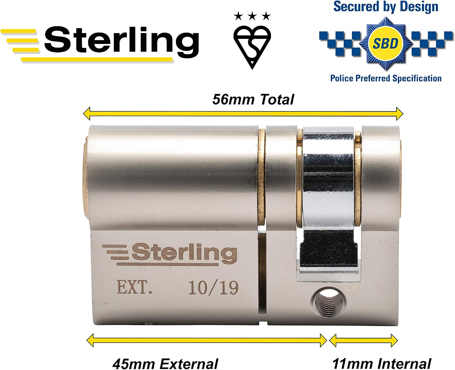 Sterling ESD1145 11mm Int 45mm Ext (56mm) Single TS007 3 Star Police Approved Secured By Design Euro Door Cylinder, Dual Finish Brass & Satin Nickel, Internal x External Total - Image 4