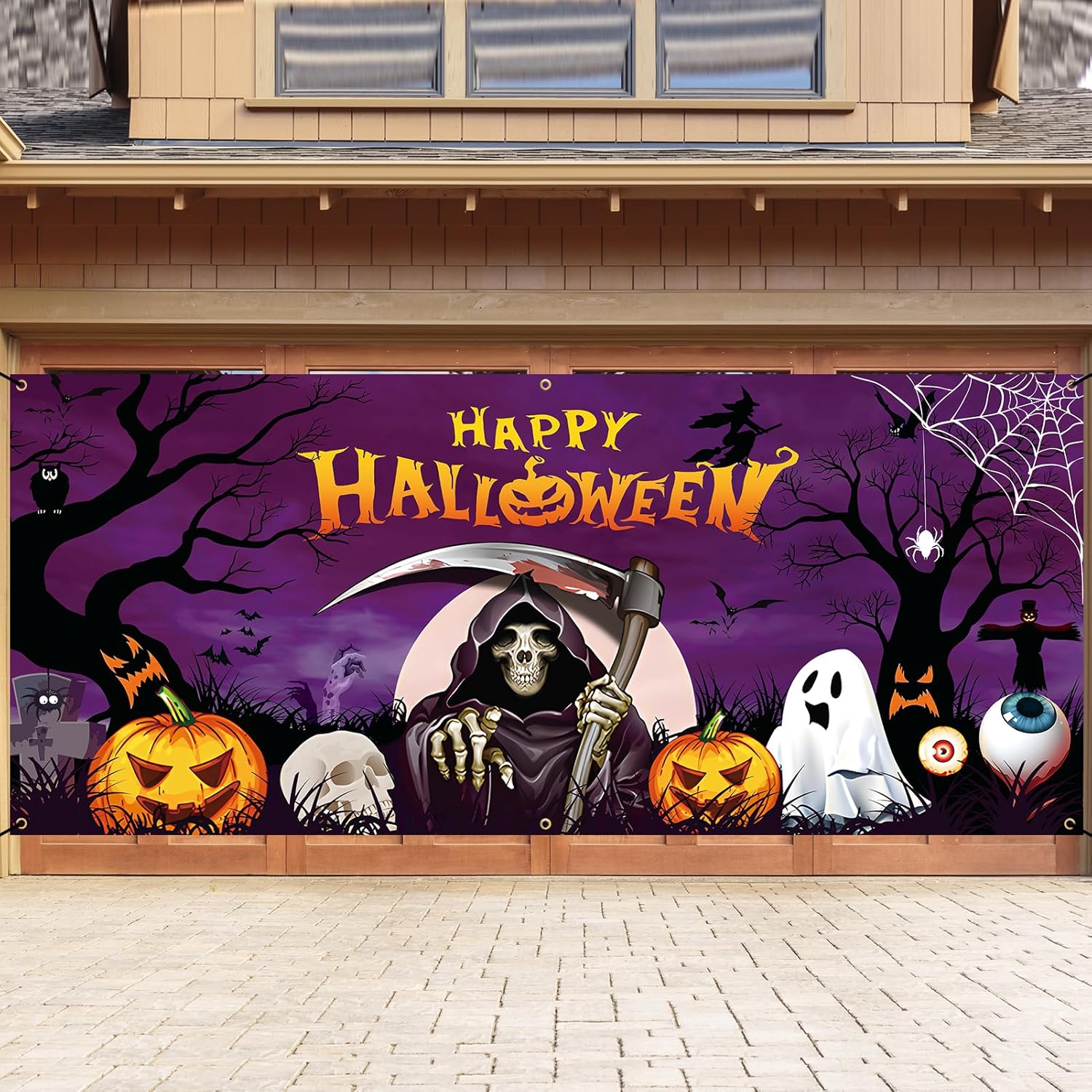 Garage Door Decorations - Holkcog Halloween Garage Door Decorations, Large Happy Halloween Garage Door Cover Banner 16 x 6.8Ft, Funny Outdoor Halloween Garage Decor, Family Halloween Party Supplies Photo Backdrop Background