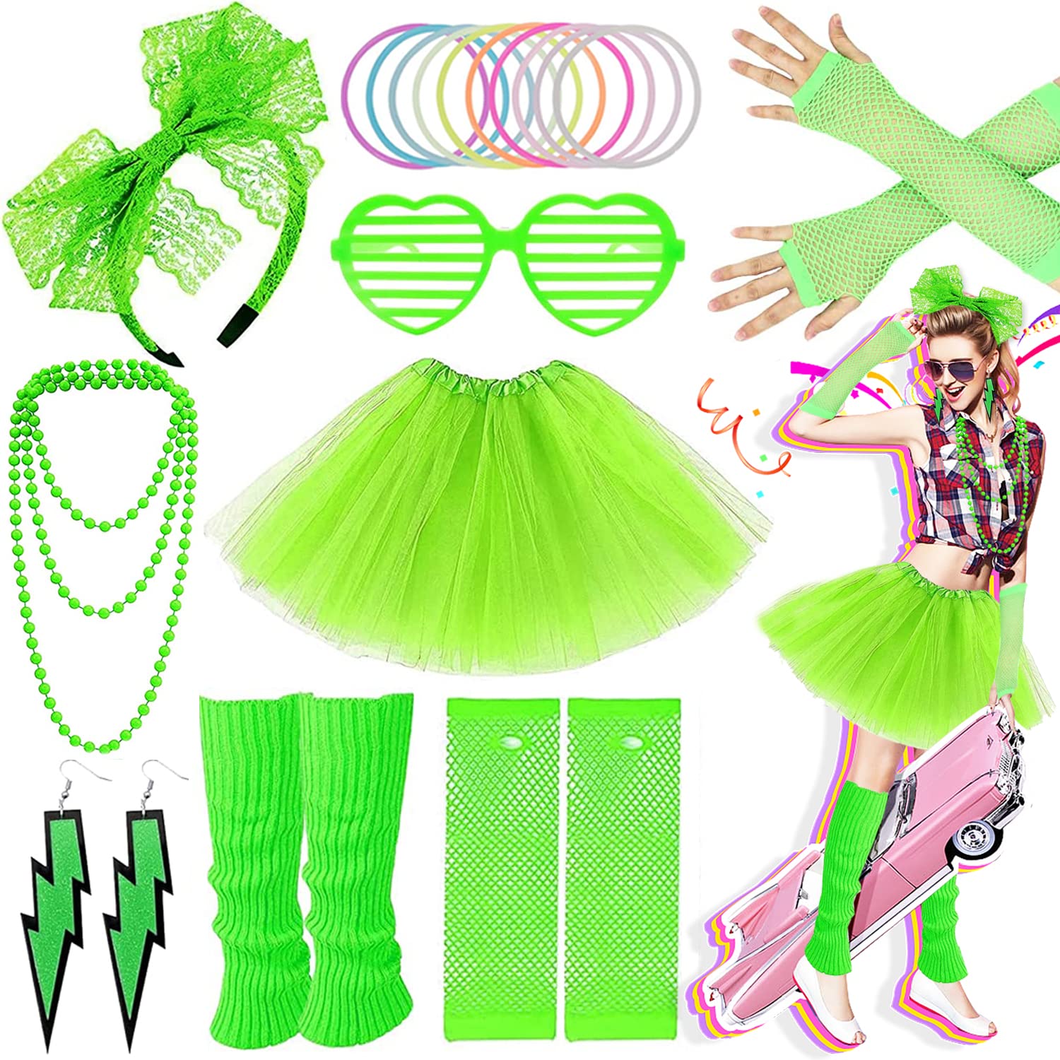 Ronilp 80s Fancy Dress For Women,1980s Fancy Party Green Costume Accessories Set, Tutu Skirt Leg Warmers Necklace Bracelets Fishnet Gloves 80s Lace Bow Headband Earrings Sunglasses — image 1