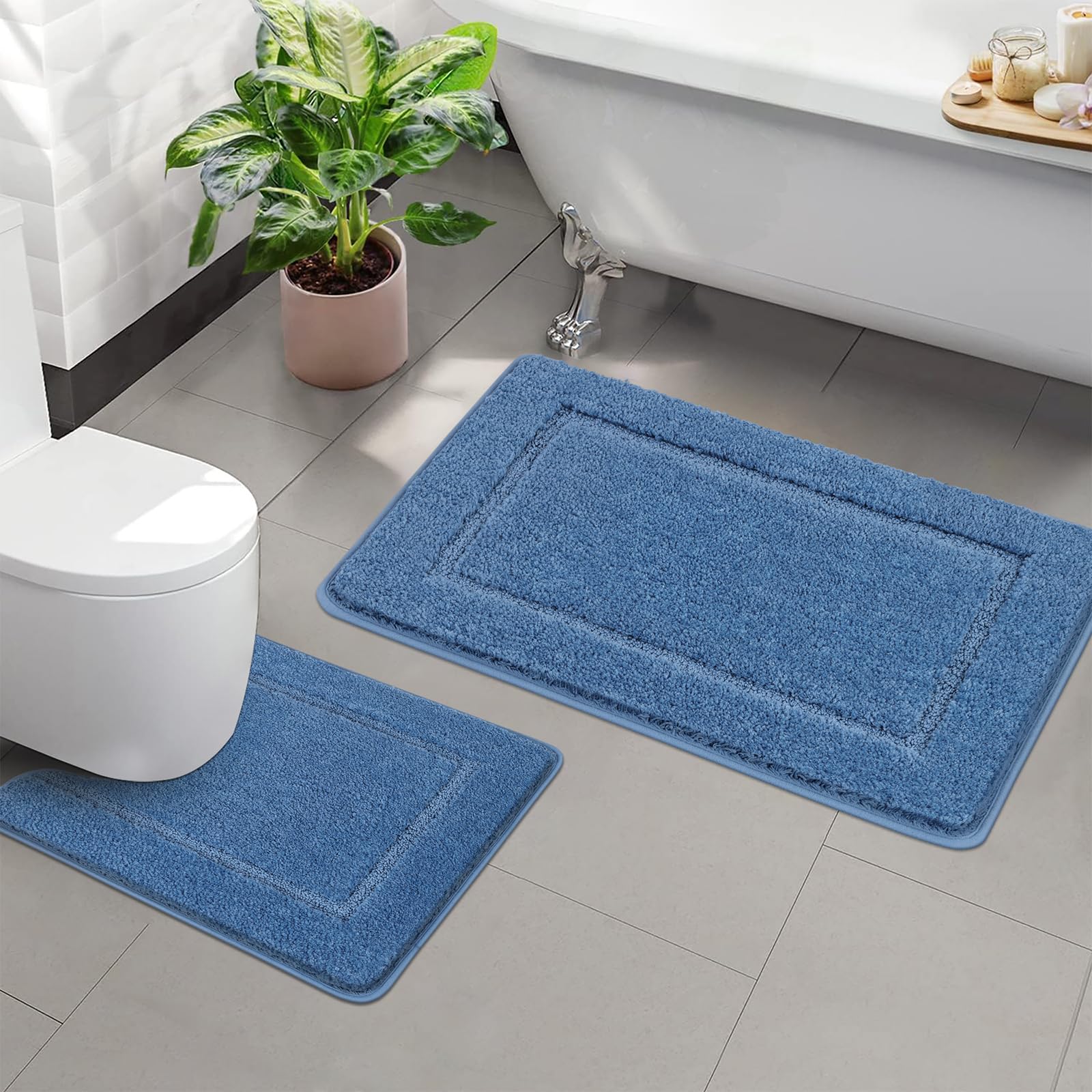 Pauwer Blue Microfiber Bath Mat Set 2 Pieces Non Slip Absorbent Pedestal and Bath Mat Set Machine Washable 53 x 86 cm Bath Rug with 50 x 50 cm U-shaped Toilet Contour Rug for Bathroom