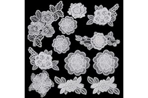 XELSLUTHE 12 PCS Lace Appliques Embellishments White Flower Sew On Patches 3D Embroidered Floral Appliques for Women's Clothes Dress Jeans Sweater Hats Shoes Bags Clothes DIY Sewing Craft