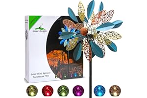 SteadyDoggie 75 Inch Wind Spinners Arabesque - Solar-Powered with Multi-Color LED Glass Ball - Metal Kinetic Wind Spinner for Dual Wind Direction - Easy to Assemble Outdoor Yard Decorations