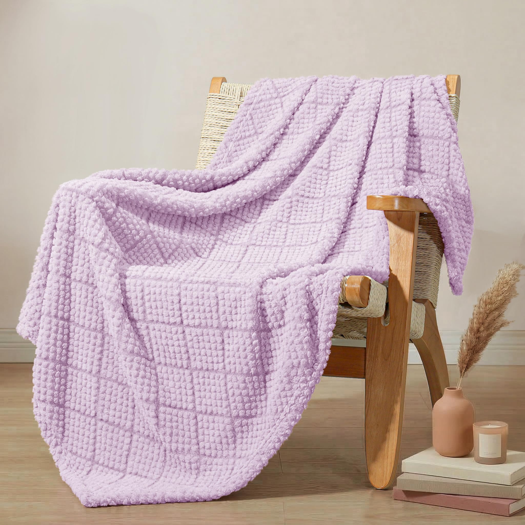 Whale Flotilla Fuzzy Fleece Throw Blanket for Sofa, Couch, Bed, 130x150 CM Soft Fluffy Jacquard Waffle Blankets for All Season, Lightweight and Warm, Lilac