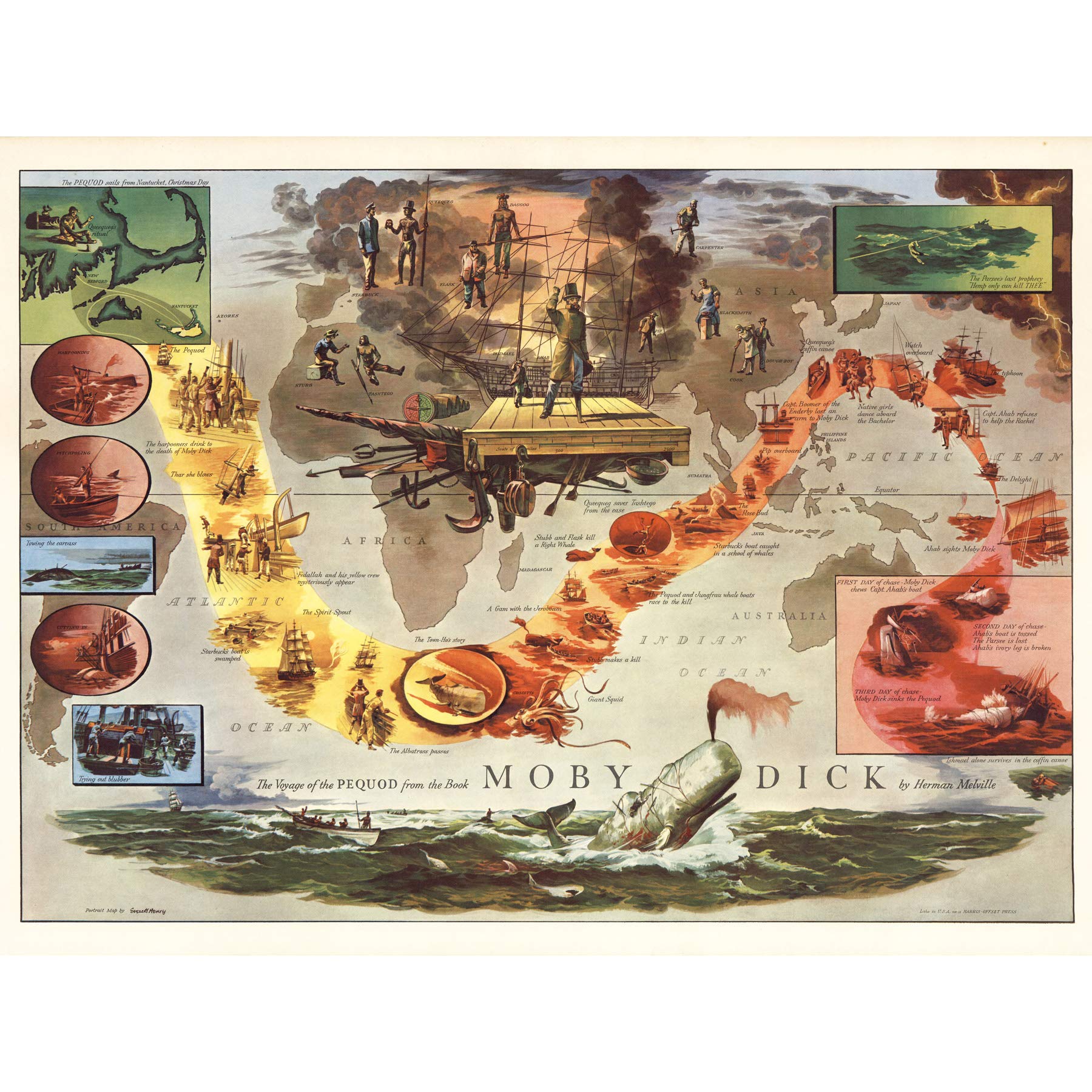 Artery8 Map Everett 1956 Melville Moby Dick Pequod Pictorial Premium Wall Art Canvas Print 18X24 Inch